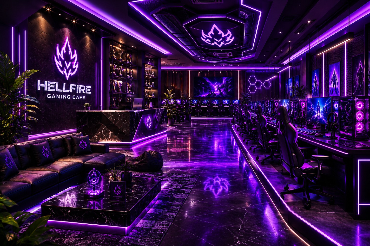 Inside Hellfire Gaming Cafe — purple neon gaming stations