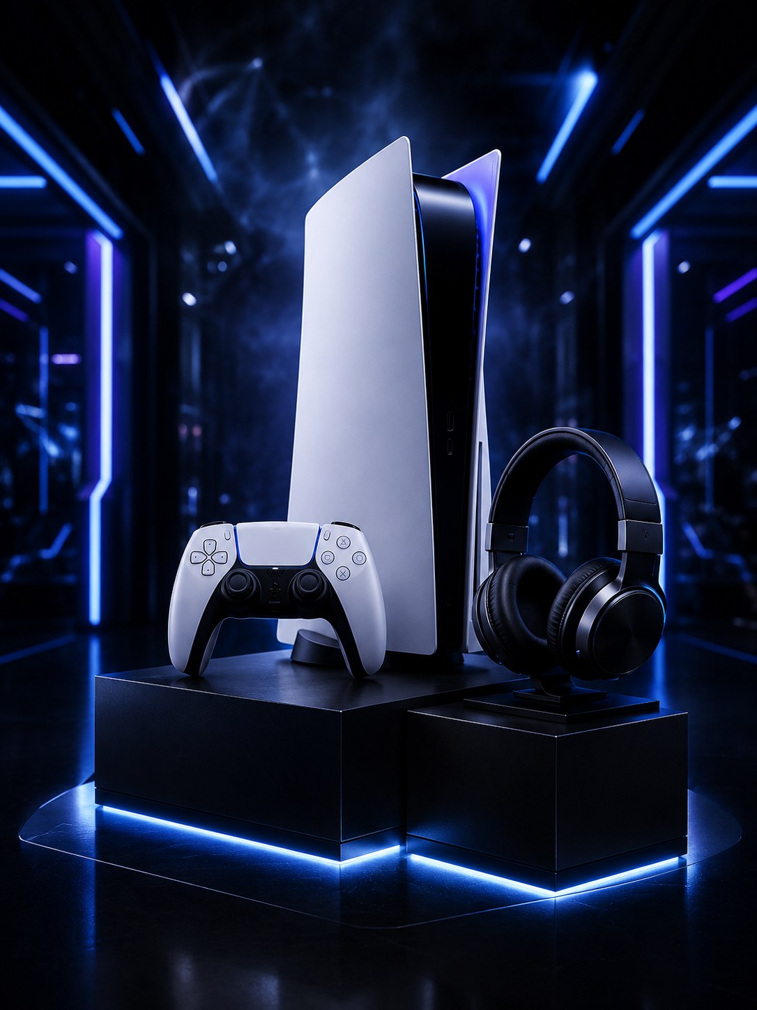 PS5 console, DualSense controller and gaming headset on a lit podium